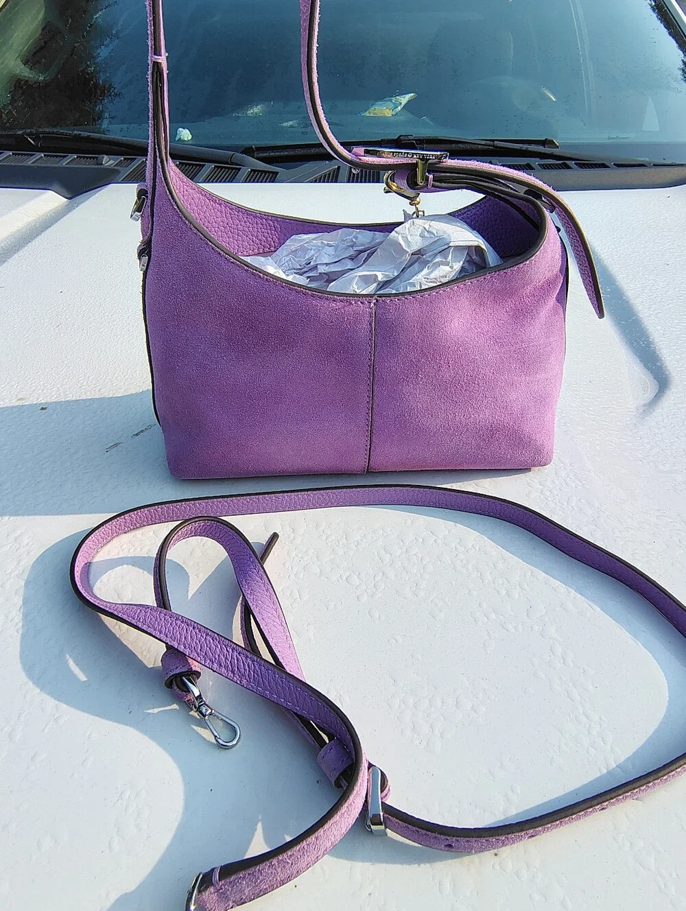 kate spade lavender suede shoulder bag with crystal fish charm